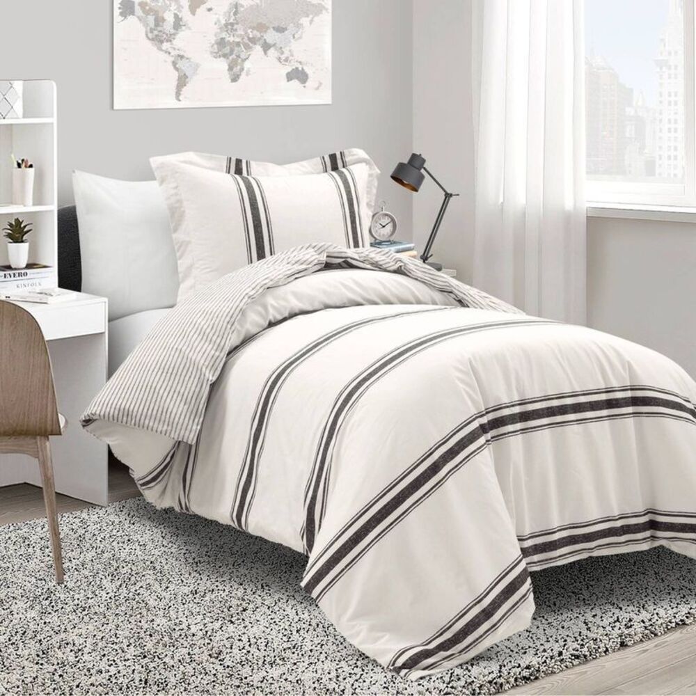 3pc Full/Queen Farmhouse Stripe Duvet Set Black - Lush Décor 460TC